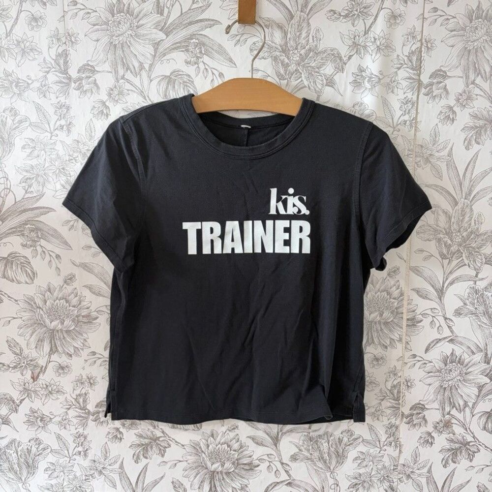 Lululemon Shirt Sz 6 Trainer Black Short Sleeve Crew Neck Cotton Linen Blend Tee